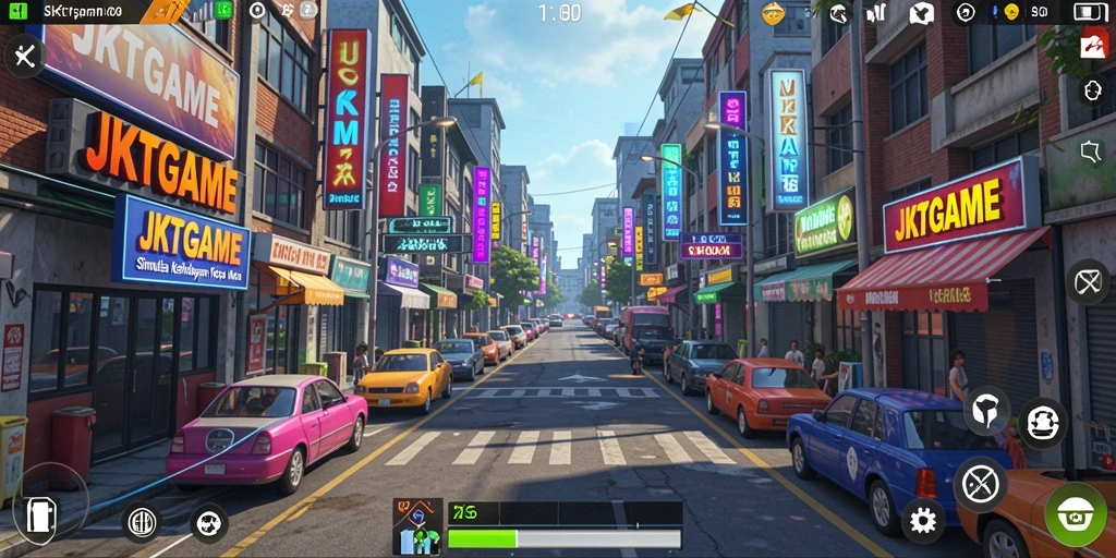Screenshot gameplay JKTGAME menampilkan aktivitas simulasi kota.