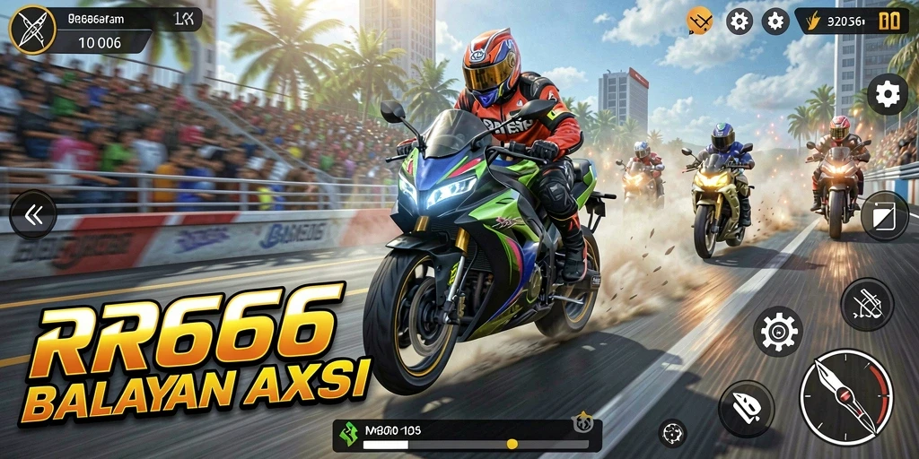 Screenshot gameplay RR666 menampilkan balapan motor yang seru dan menegangkan.