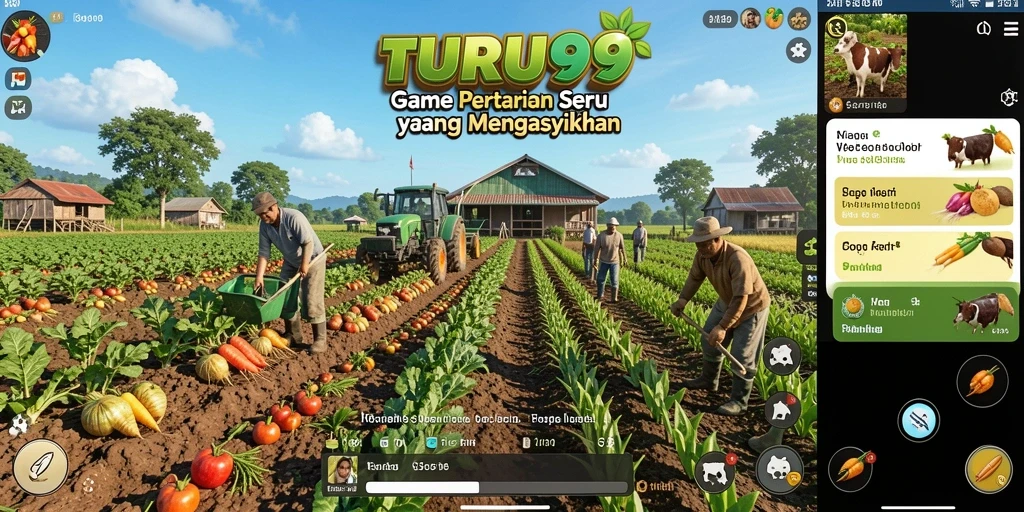 Screenshot gameplay yang menunjukkan aktivitas bertani di TURU99.